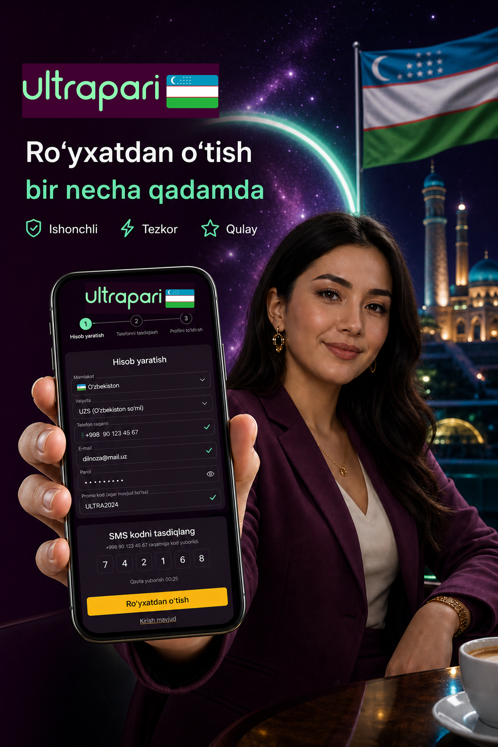 O'zbekistonlik foydalanuvchi rasmiy Ultrapari logotipi bilan registratsiya formasini to'ldirmoqda